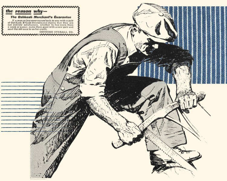 Vintage illustrated ad of a workman in OshKosh overalls