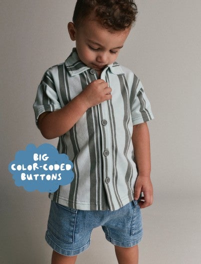 toddler boy is striped button up