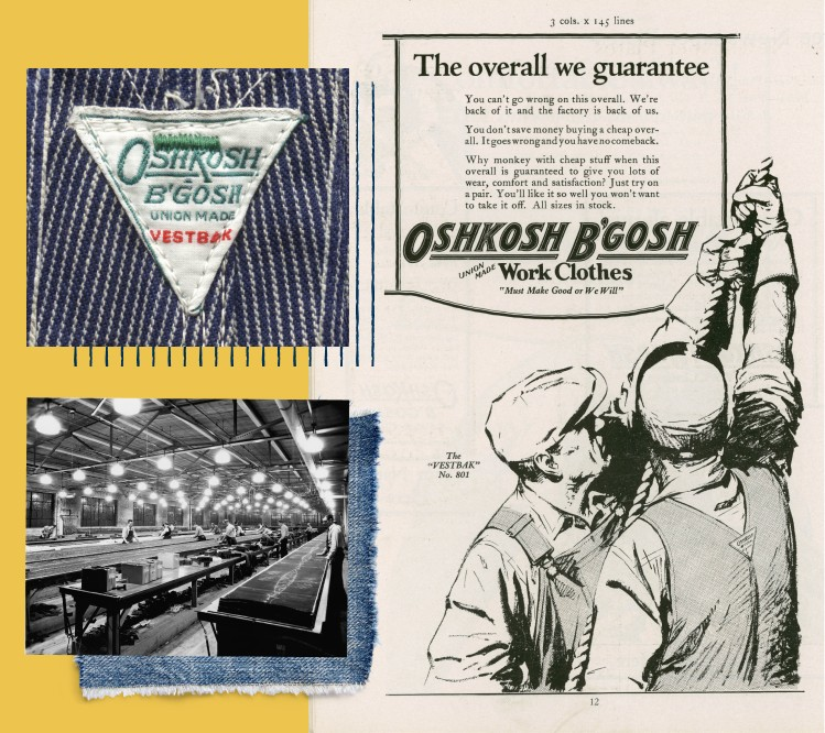 Collage of the Vestbak™ overall label, factory floor, and 'The overall we guarantee' newspaper ad