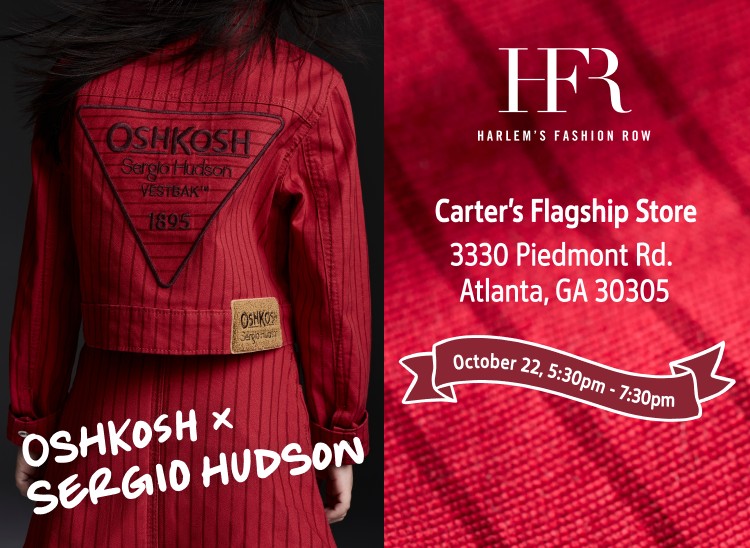 Banner that shows model wearing OshKosh by Sergio by Hudson and date and location for an event