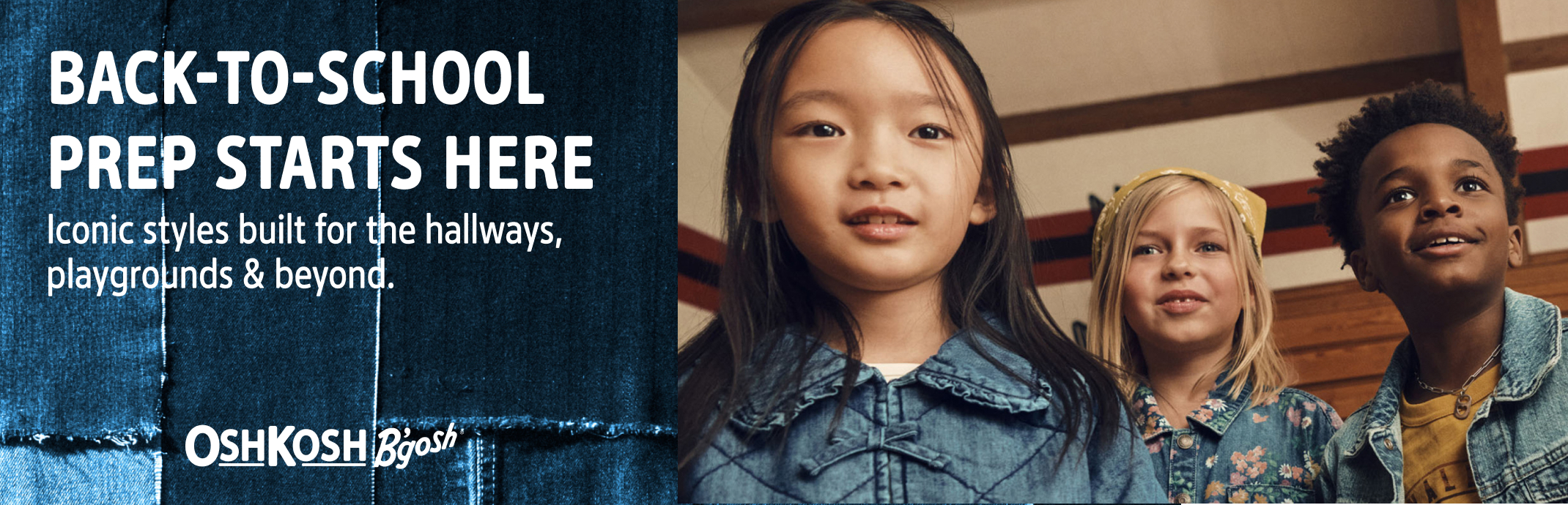 back to school banner with image of children wearing oshkosh clothing