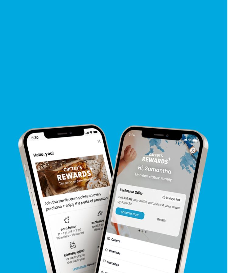 blue background with two phones on the carter's app