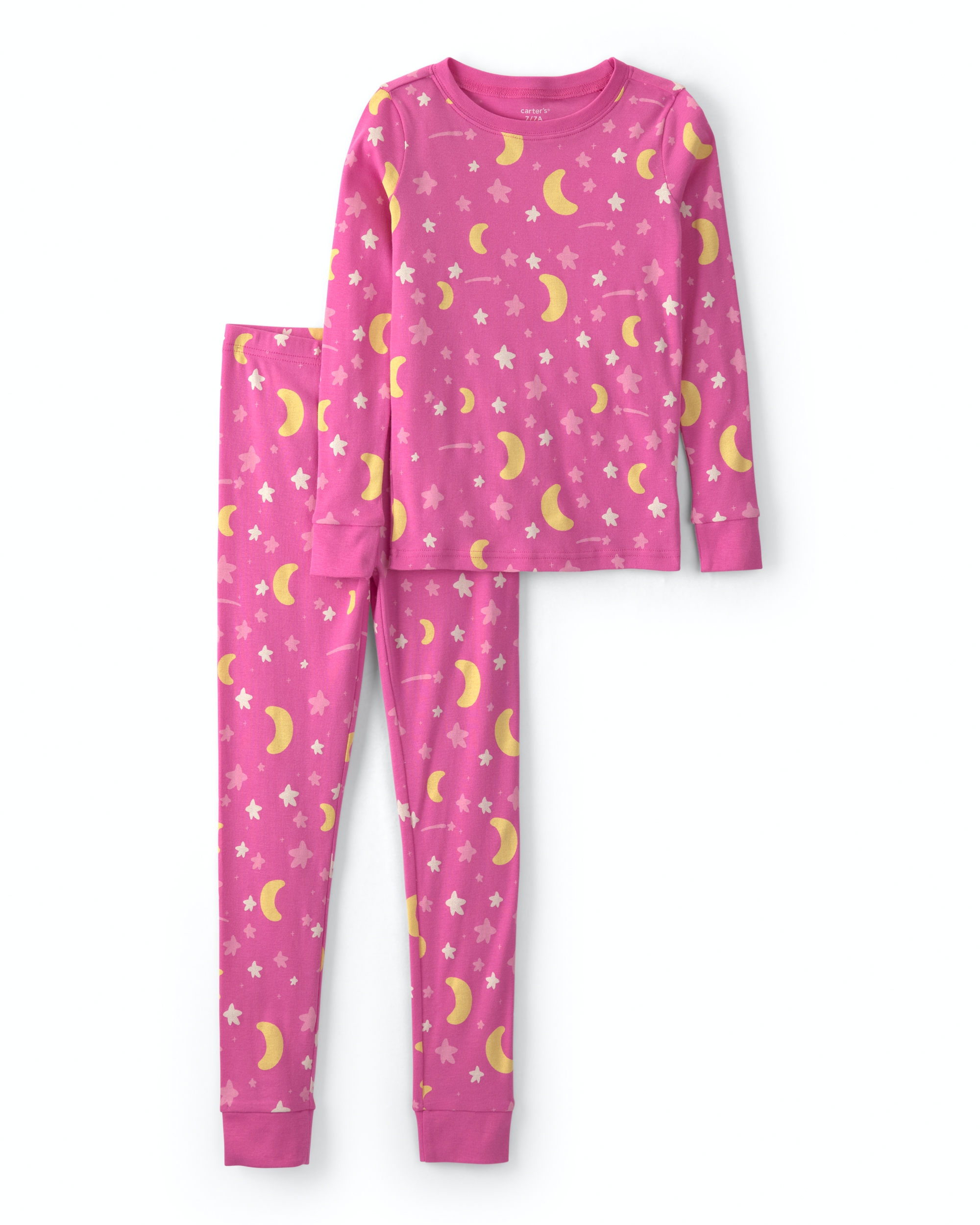  Girls 2-Piece Star Glow in the Dark 100% Cotton Snug Fit Pajama Set - Pink