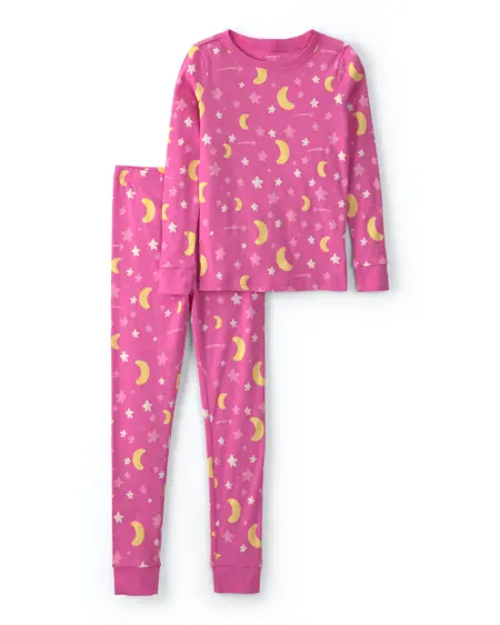 Girls 2-Piece Star Glow in the Dark 100% Cotton Snug Fit Pajama Set - Pink