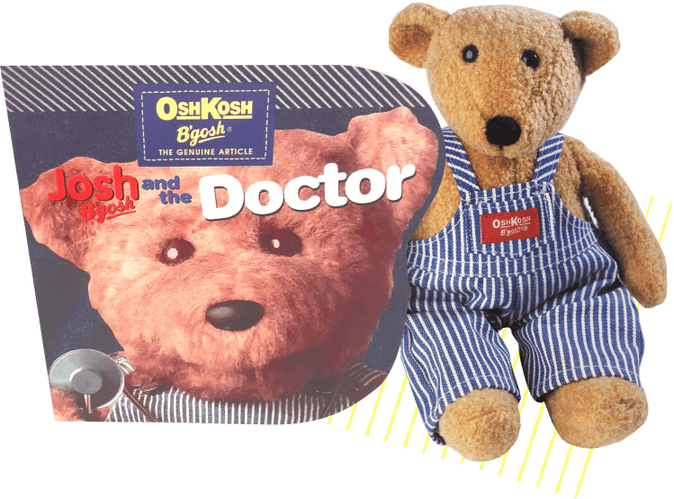 Josh B'gosh teddy bear in hickory stripe overalls with the 'Josh and the Doctor' storybook
