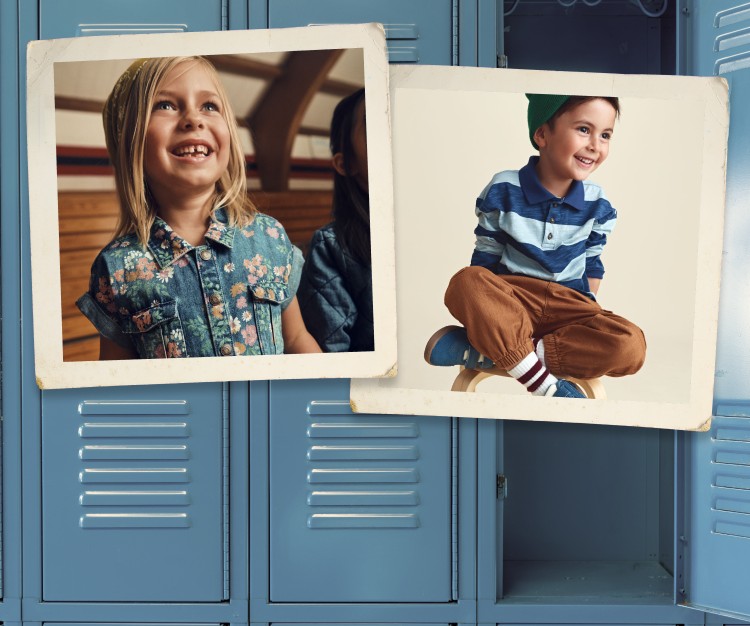 school boy wearing varsity oshkosh b'gosh jacket, polo, and cap