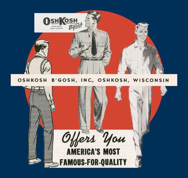 Illustrated 1950s OshKosh ad of men's sportswear and slacks