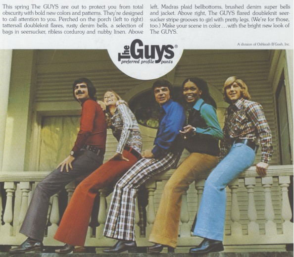 The Guys by OshKosh — models in bellbottom pants and bold printed clothing, early 1970s