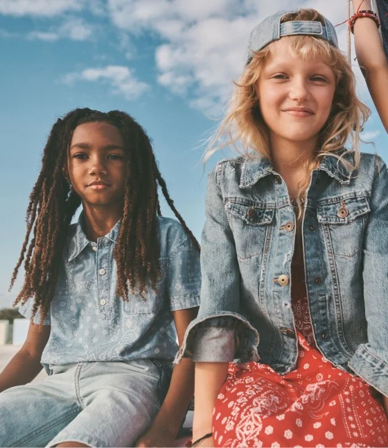 kids sitting on parking deck ledge wearing denim