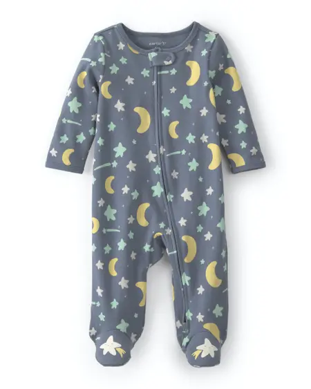 Baby Star Glow in the Dark 100% Cotton 2-Way Zip Sleep & Play Pajamas - Grey
