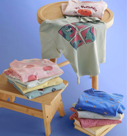 clothing on a stool, gifing between shirts, polos and denim