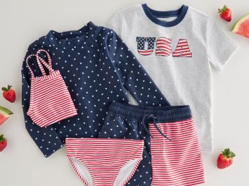 a laydown of red white and blue clothing