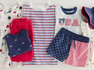 a laydown of red white and blue clothing