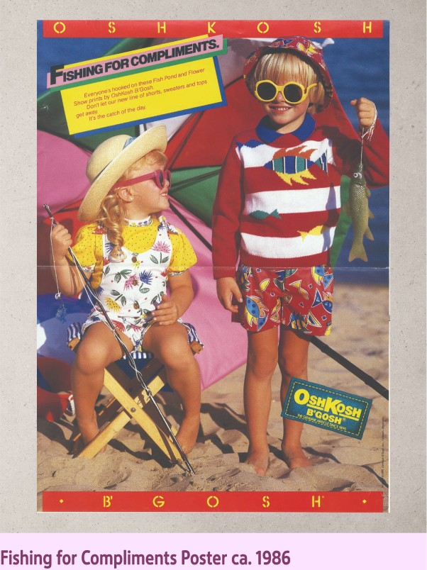 1980s Fishing for Compliments ad — children in OshKosh prints at the beach