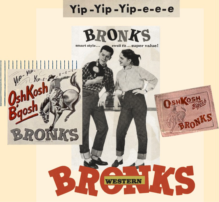 Collage of OshKosh Bronks Western line advertisements and product imagery, 1949
