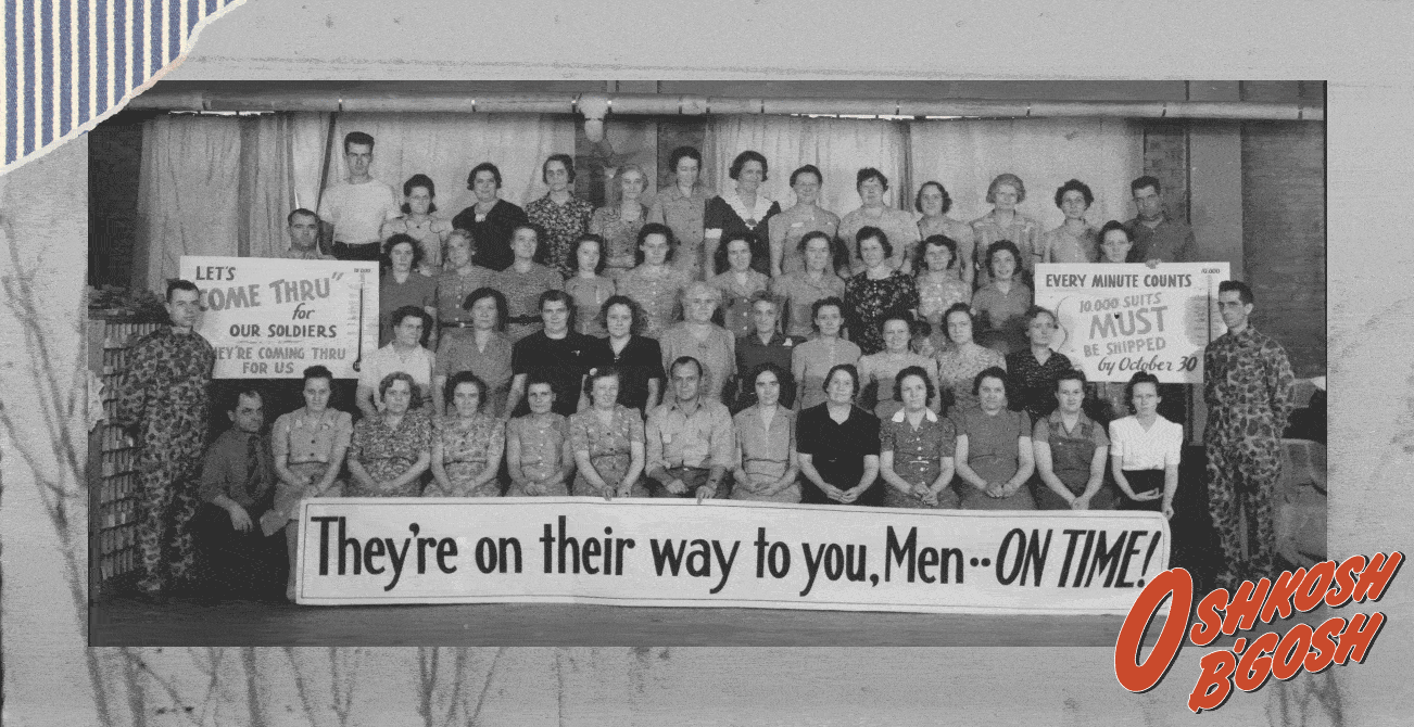 Group photograph of OshKosh B'Gosh factory workers supporting the U.S. war effort, 1942