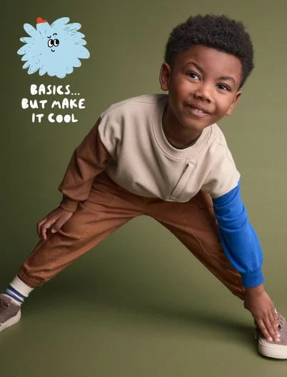toodler boy in colorblock swearshirt