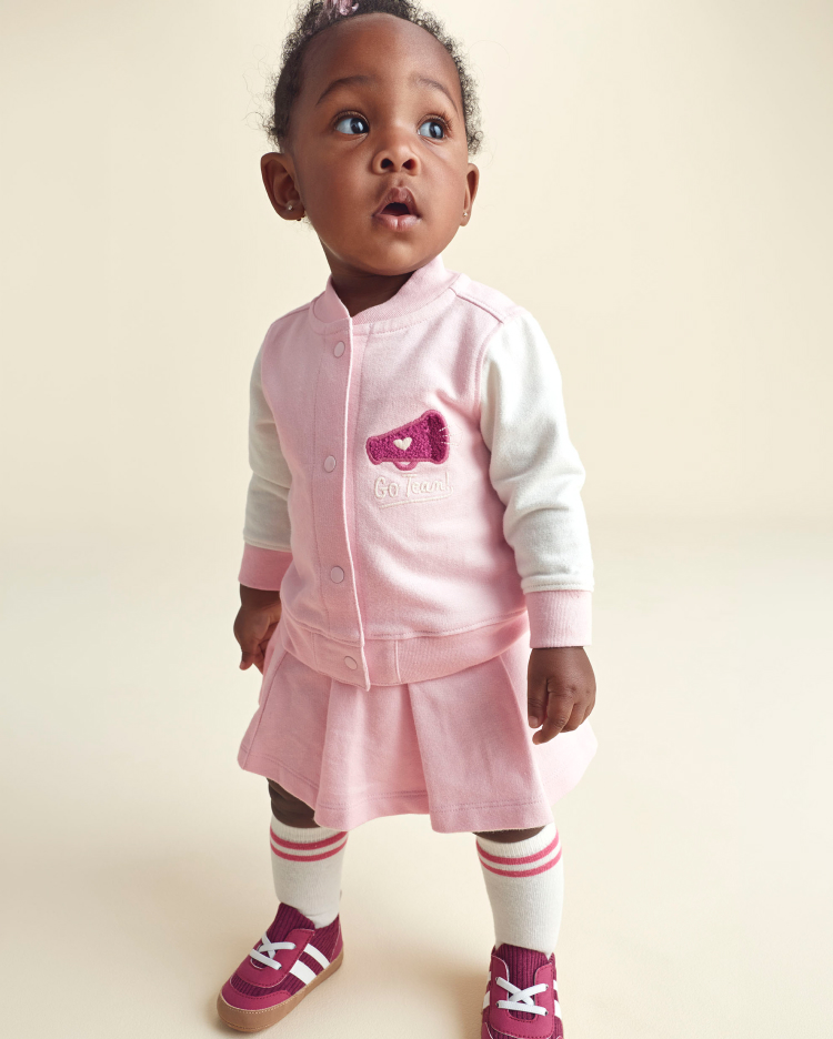 Product video 1 of Baby Girl 3-Piece Varsity French Terry Layering Set - Pink
