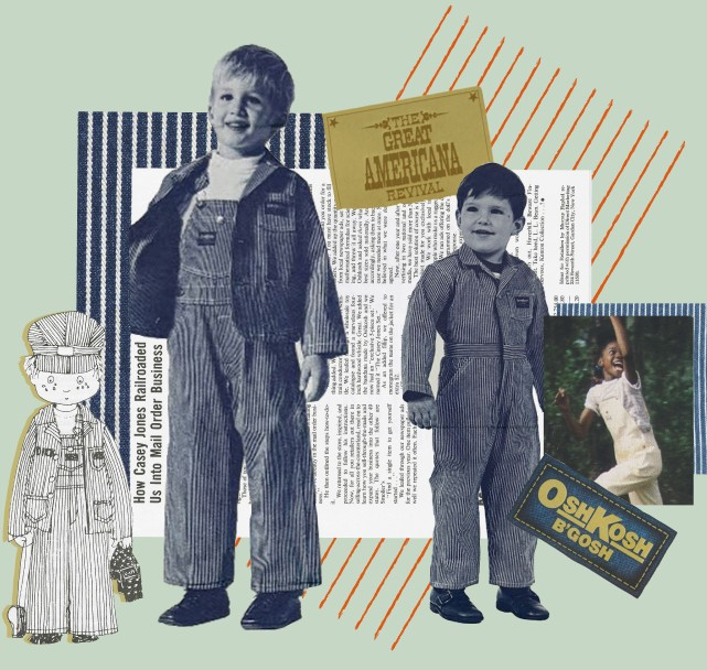 Collage of children in OshKosh hickory stripe overalls and coveralls with Great Americana Revival clippings
