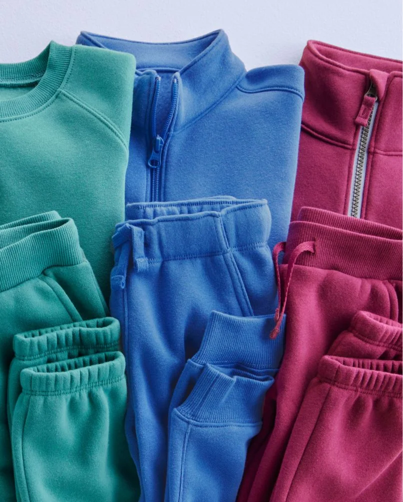 Green, Blue, and Red matching sweatshirt and jogger sets